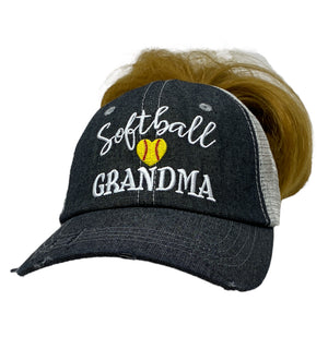 Softball Grandma MESSY BUN HIGH PONYTAIL Mesh Embroidered MESH Hat Trucker Hat Cap -261