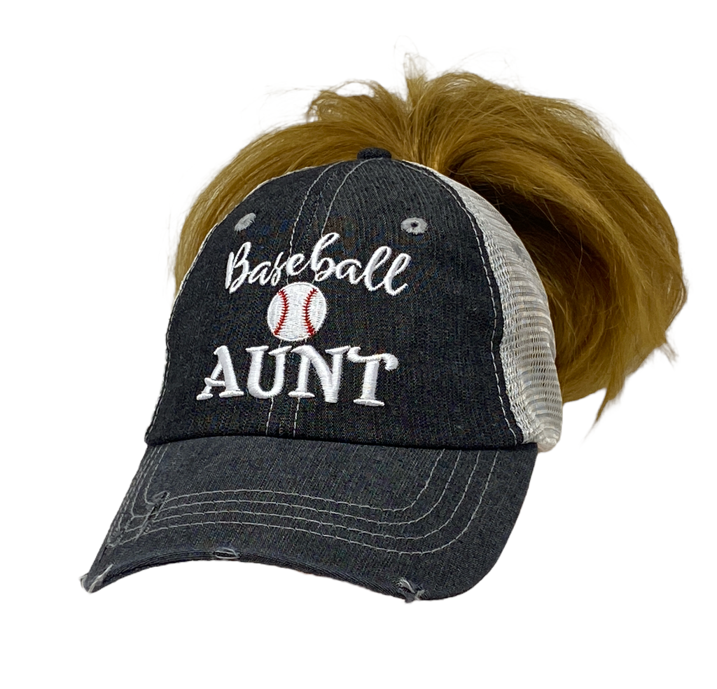 Baseball Aunt MESSY BUN HIGH PONYTAIL Mesh Embroidered MESH Hat Cap -213