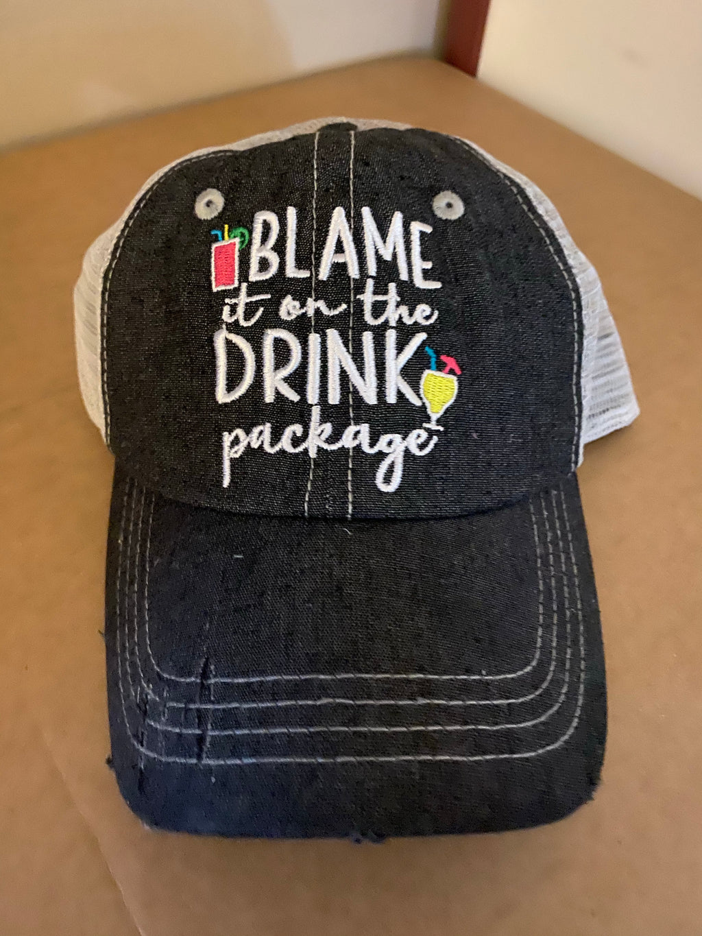 Blame It On The Drink Package Cruise Hat Distressed Trucker Hat -364
